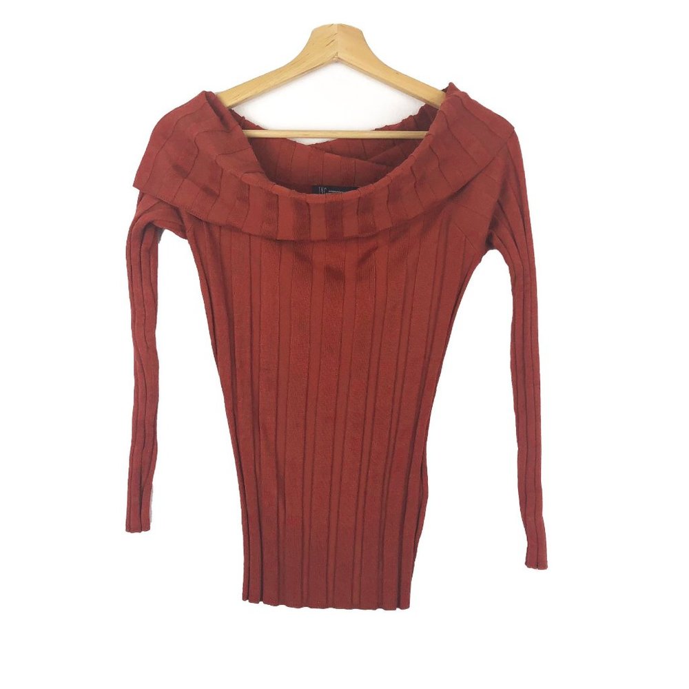 INC International Concepts Rust Burnt Orange Wide Rib Cowl Neck Sweater S